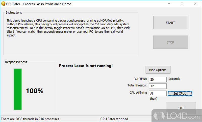 Launch threads in the background that eat up CPU in order to test Process Lasso's ProBalance technology - Screenshot of CPU Eater