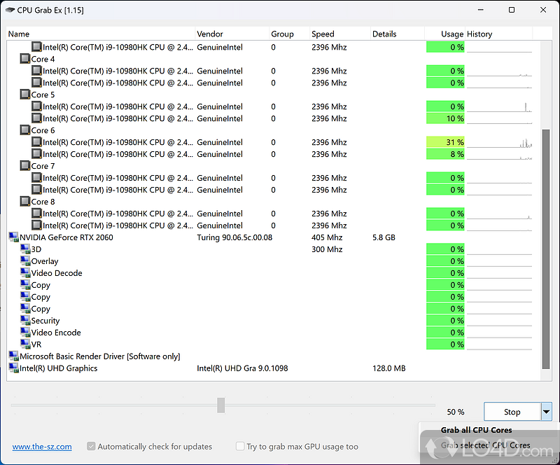 Keep an eye on CPU usage - Screenshot of CPU Grab Ex