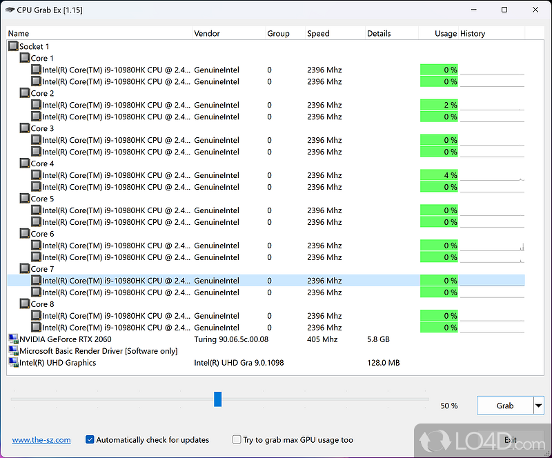 Stress CPU (central processing unit) for testing - Screenshot of CPU Grab Ex