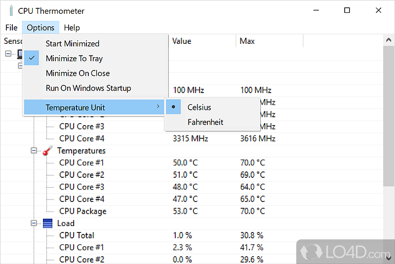 Provides information about the temperature of Intel - Screenshot of CPU Thermometer