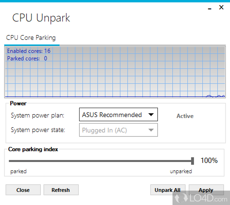 Adjust the number of cores available to run threads (active cores) - Screenshot of CPU Unpark