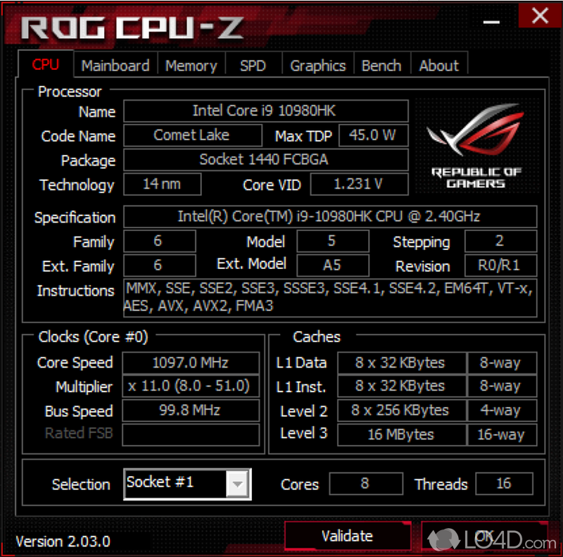 Customized version of CPU-Z designed for ASUS ROG (Republic of Gamers) motherboards - Screenshot of CPU-Z ROG