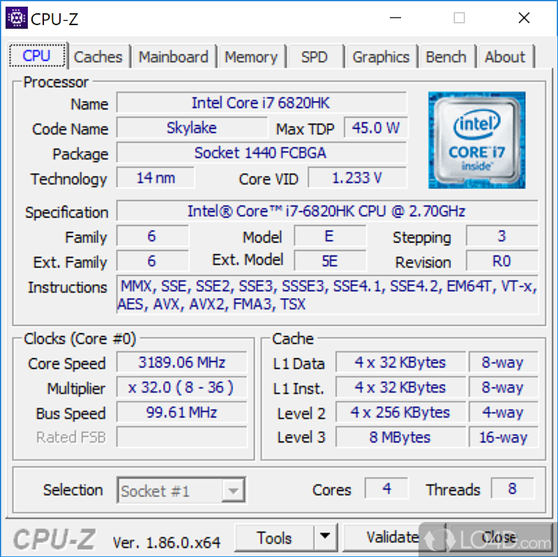 View detailed information on PC's CPU, memory, mainboard, caches, graphics - Screenshot of CPU-Z