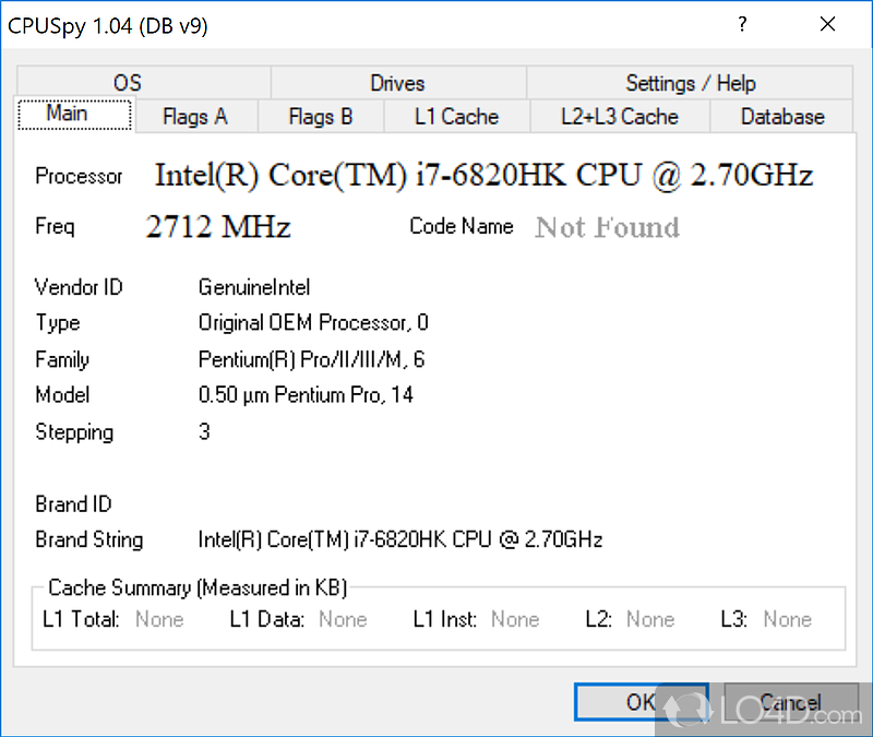 Tests and displays CPUID data such as cache details, processor features and much more - Screenshot of CPUSpy