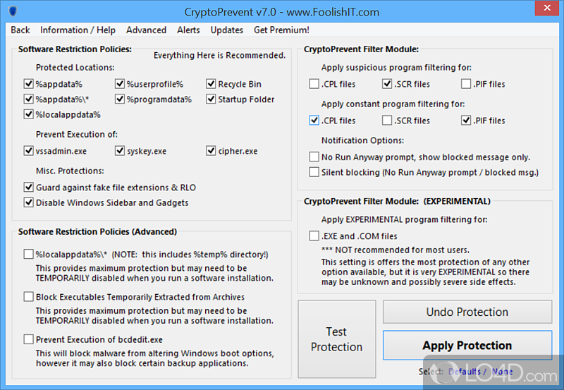 Protect your computer against the CryptoLocker worm - Screenshot of CryptoPrevent