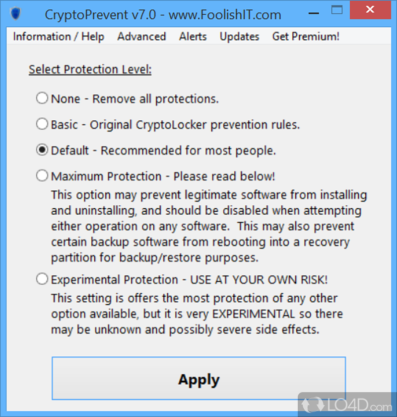 Software utility that aims to keep computer protected from the CryptoLocker worm - Screenshot of CryptoPrevent