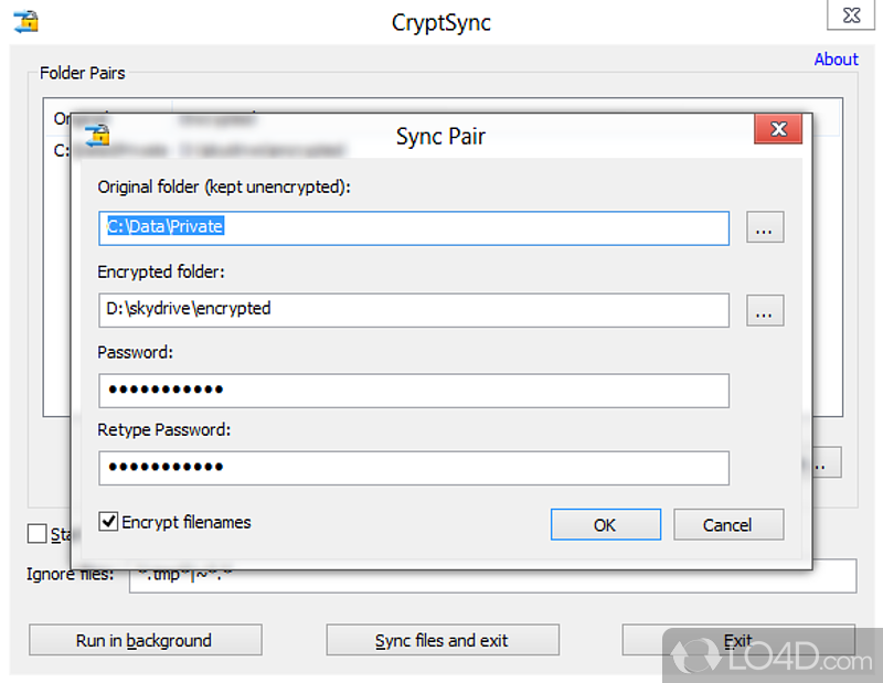 Synchronize two folders and encrypt the data inside one of them simultaneously, all thanks to this compact and app - Screenshot of CryptSync