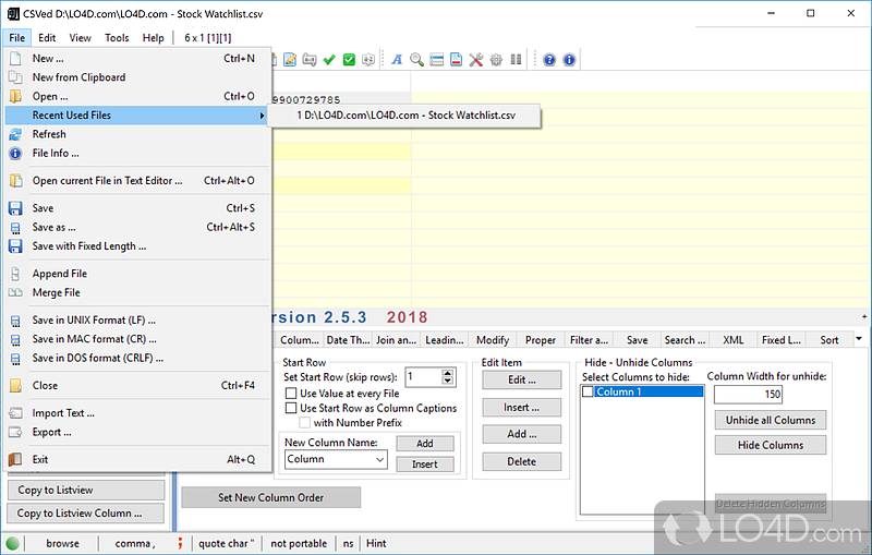 Advanced editor for CSV files.Can merge files - Screenshot of CSVed