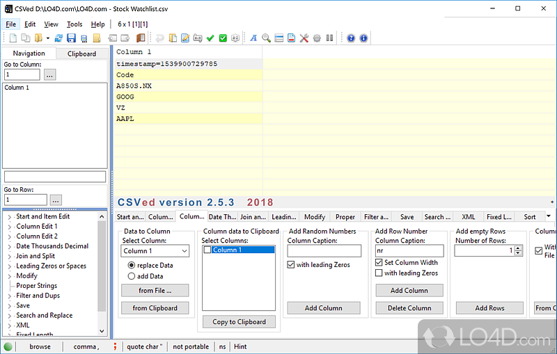 CSVed: User interface - Screenshot of CSVed
