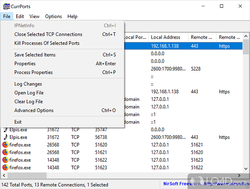 Lists opened TCP/UDP ports - Screenshot of CurrPorts