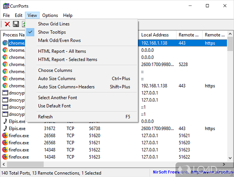 Displays the list of all currently opened TCP/UDP ports on computer - Screenshot of CurrPorts