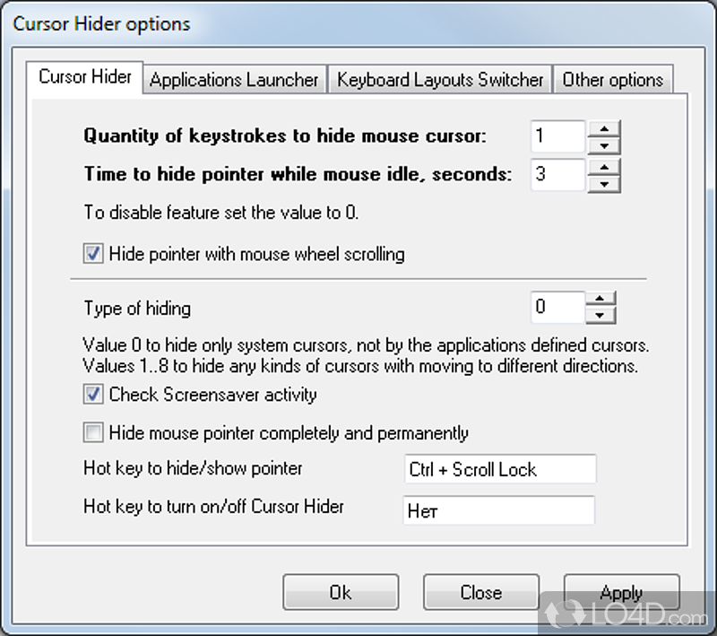 Choose when exaclty to hide the cursor - Screenshot of Cursor Hider