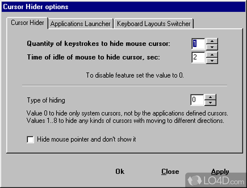 Remove the mouse pointer from a specific working place fast, while also keeping an eye on the active keyboard language - Screenshot of Cursor Hider