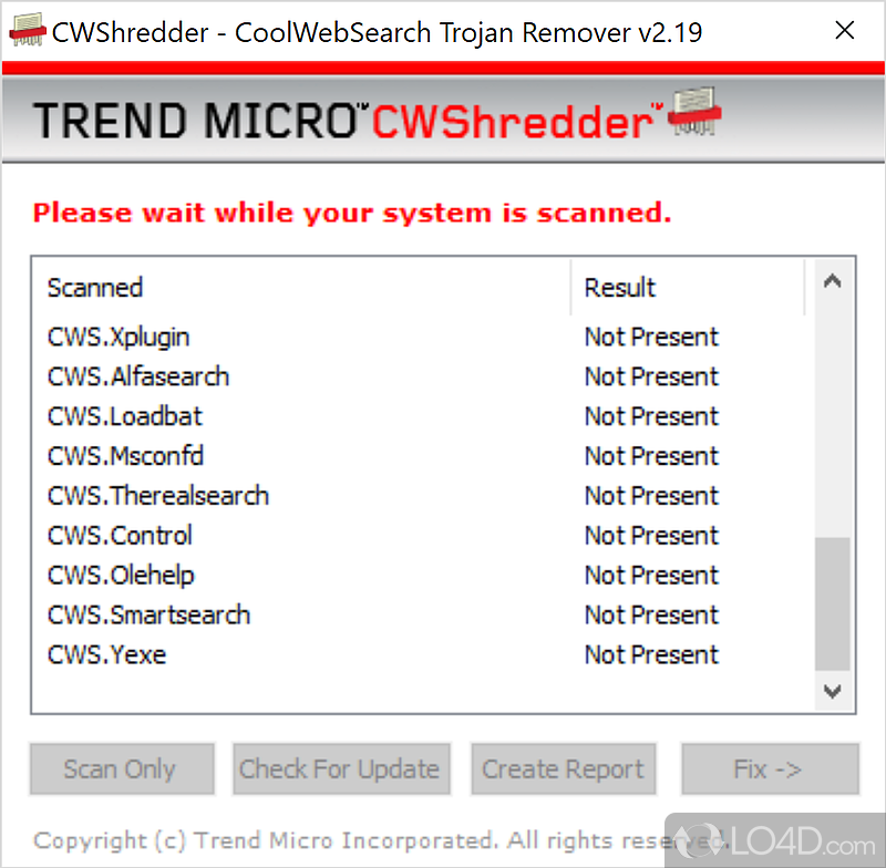 Start the process and view results - Screenshot of CWShredder