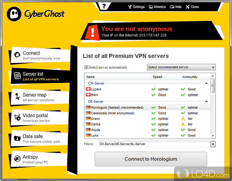 Easy-to-use virtual private network - Screenshot of CyberGhost VPN
