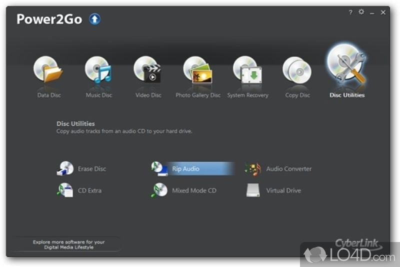 Everybody's all media burning software, packed with advanced disc backup utilities, image extraction - Screenshot of CyberLink Power2Go