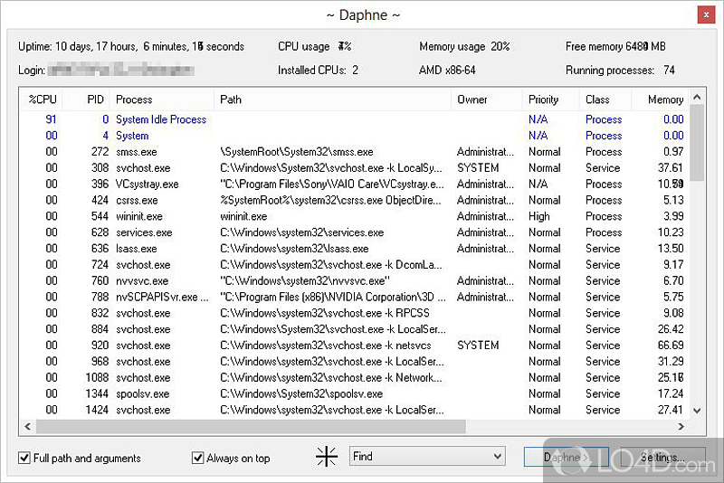 Manage system's processes with this utility alongside capabilities such as killing - Screenshot of Daphne