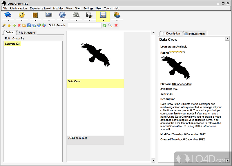 Catalog all movies, images, software,containers, books, audio CDs, music albums, media files - Screenshot of Data Crow