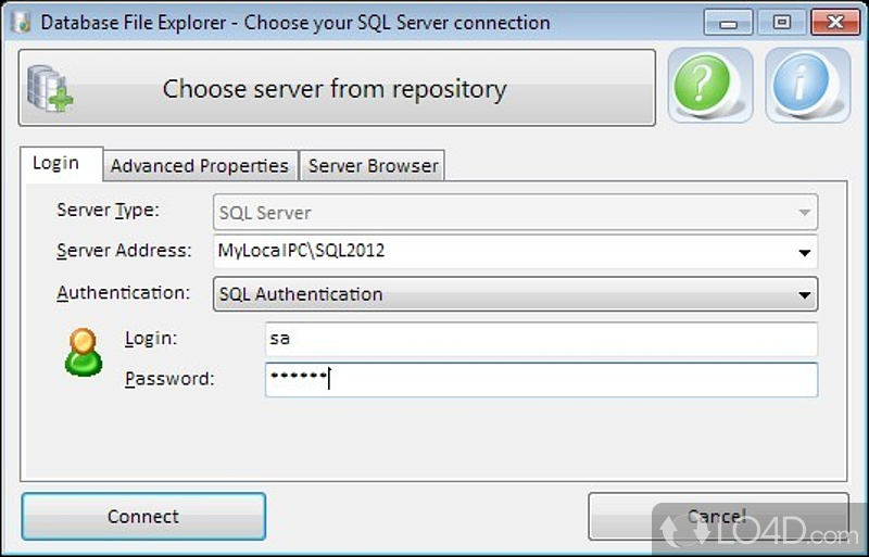 Fill out SQL server connection details - Screenshot of Database File Explorer