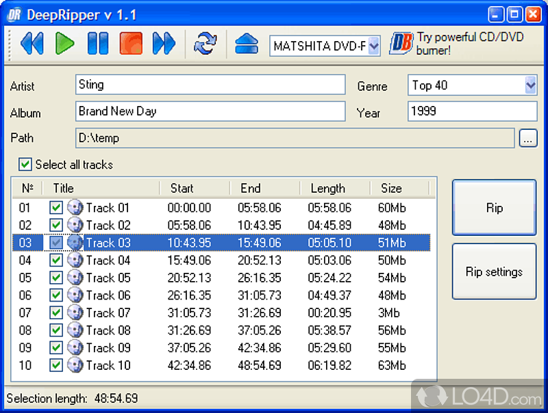 Extract CD music tracks to high quality MP3, OGG or WAV files - Screenshot of DeepRipper