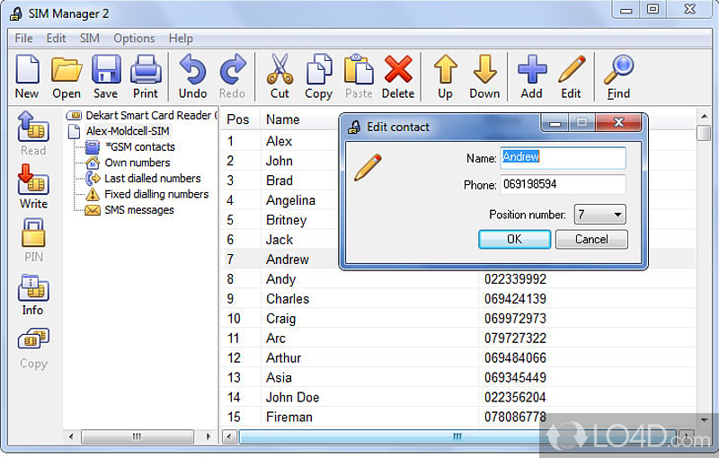 Synchronize the contacts of the SIM card with the contacts stored in the address book of an email client - Screenshot of Dekart SIM Manager