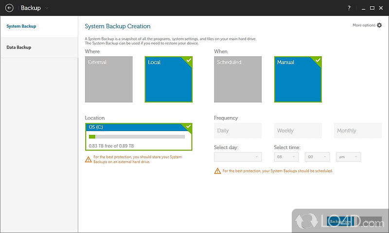 Dell Backup and Recovery: User interface - Screenshot of Dell Backup and Recovery