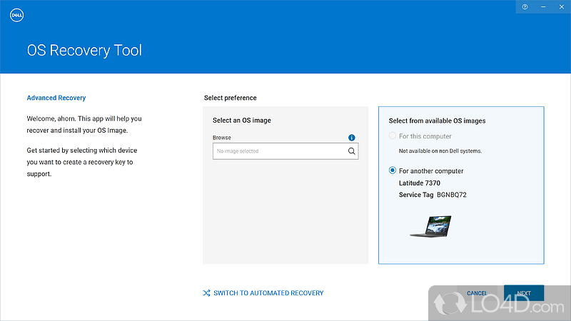 Construct a USB recovery drive - Screenshot of Dell OS Recovery Tool