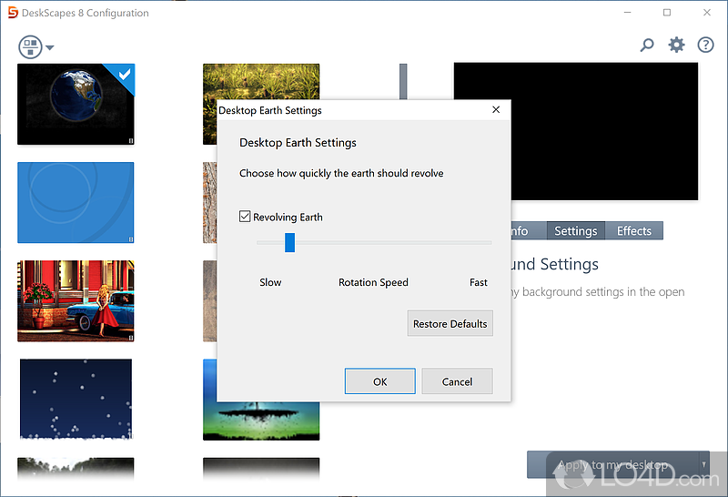 Configure animations, colors, and effects - Screenshot of DeskScapes