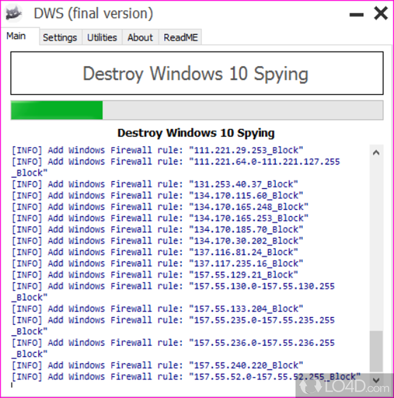 Prevent Win 10 to track your activity - Screenshot of Destroy Windows 10 Spying