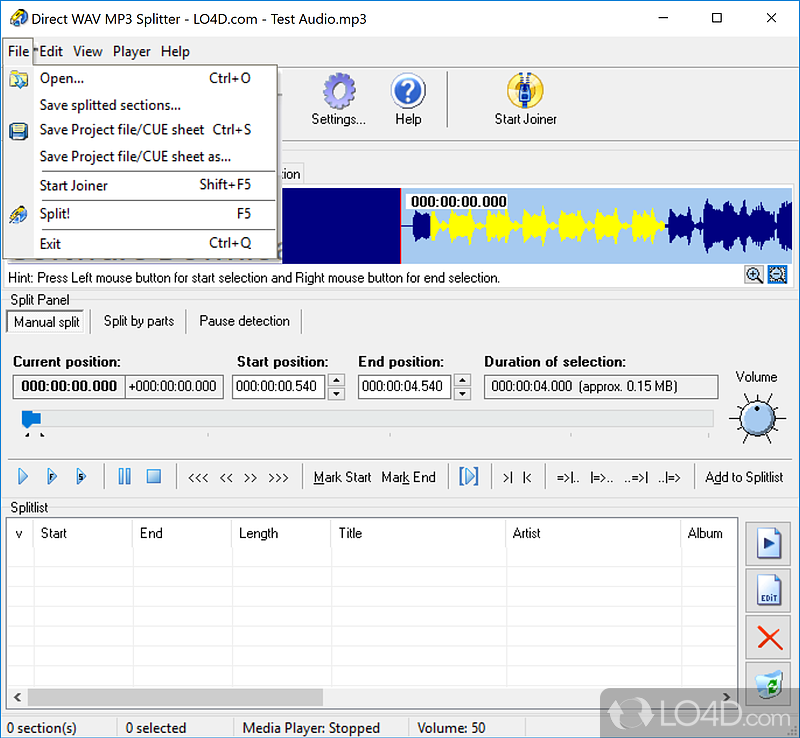 Join, combine, split or cut mp3 and wav sound files easily - Screenshot of Direct MP3 Splitter and Joiner