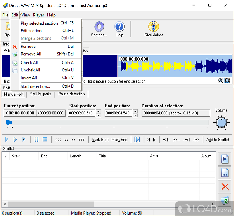 Direct MP3 Splitter and Joiner: User interface - Screenshot of Direct MP3 Splitter and Joiner