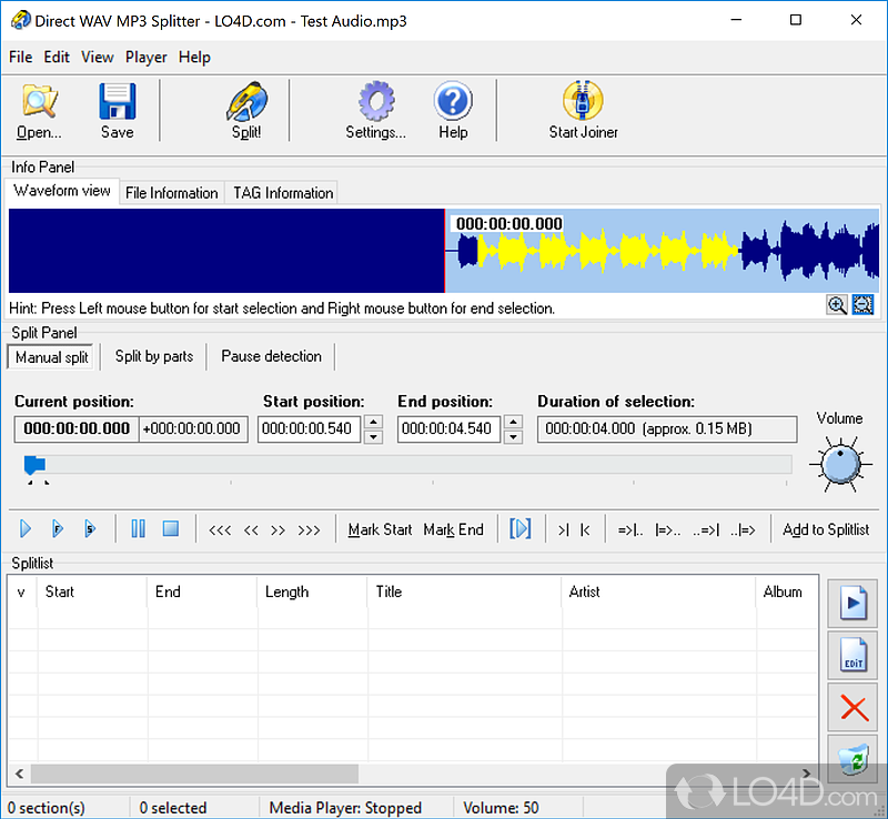 Join, combine, or cut mp3, wav files easily - Screenshot of Direct MP3 Splitter and Joiner