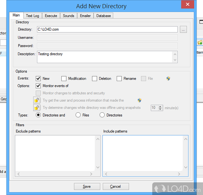 Program settings, sound alerts, email notifications, and SQL databases - Screenshot of Directory Monitor