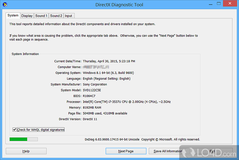 After installing DirectX 11, the dxdiag tool provides access to system info, display and sound - Screenshot of DirectX 11