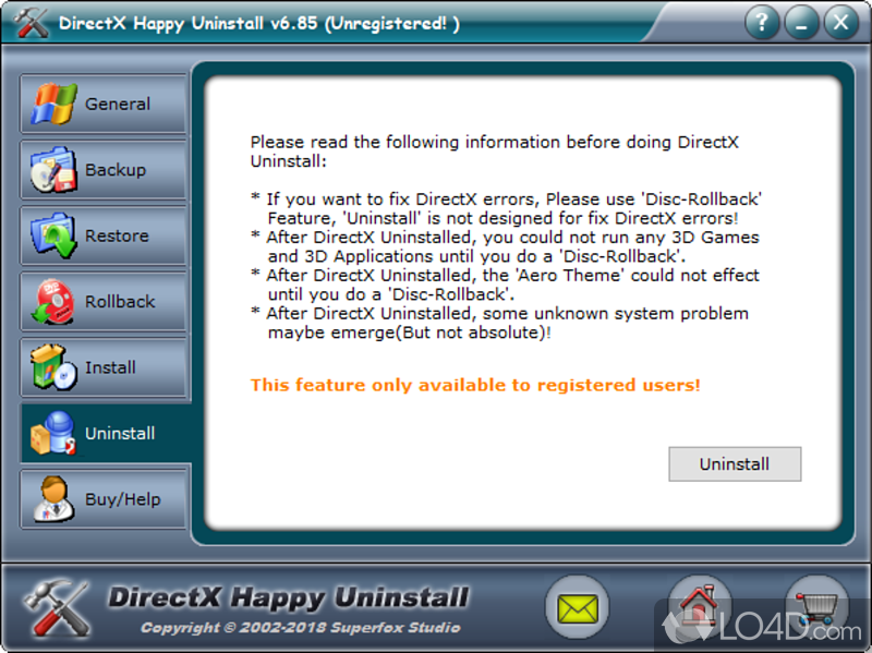 You can uninstall, reinstall, backup, restore, rollback and fully install DirectX - Screenshot of DirectX Happy Uninstall