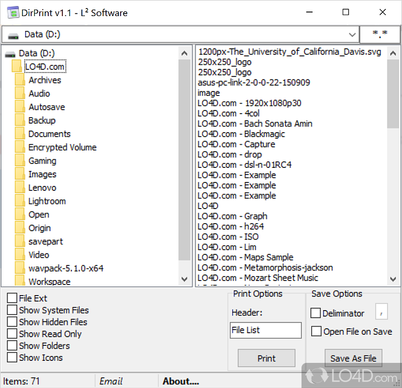 Print out the contents of a directory on computer - Screenshot of DirPrint