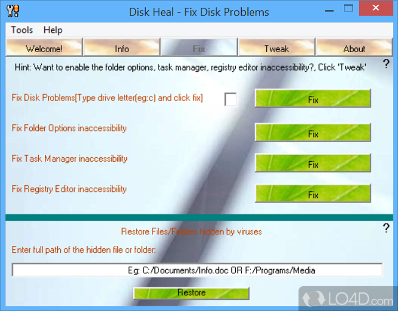Provides different tweaks for fixing PC and hard drive issues - Screenshot of Disk Heal
