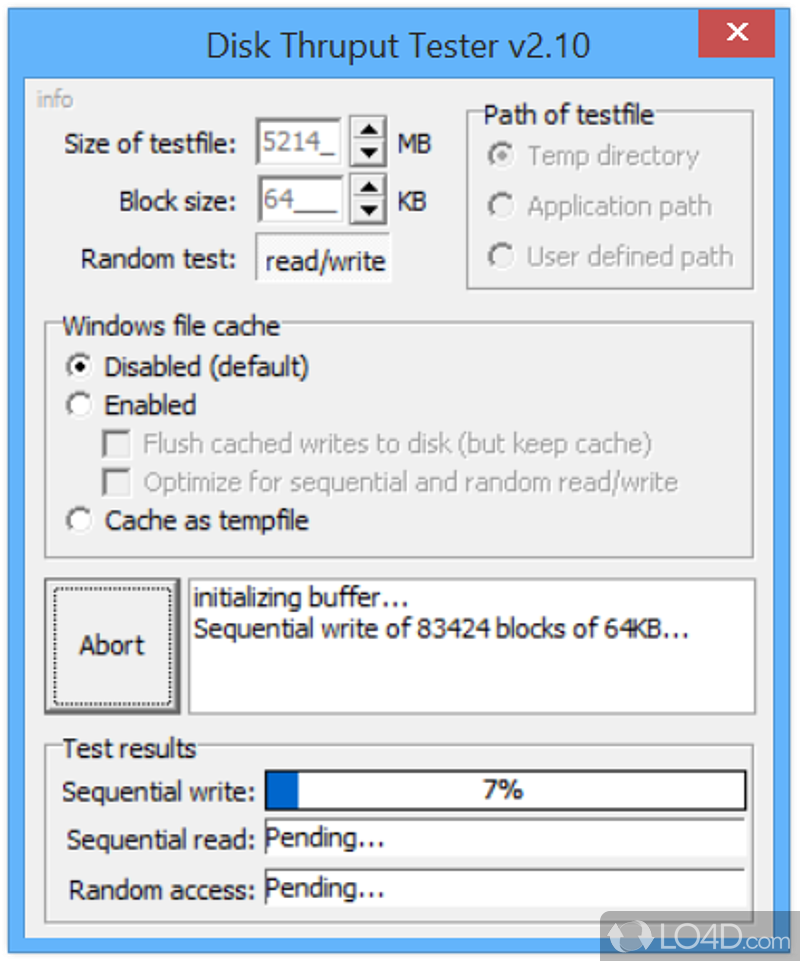Lets you test hard drive's writing and reading speed - Screenshot of Disk Throughput Tester