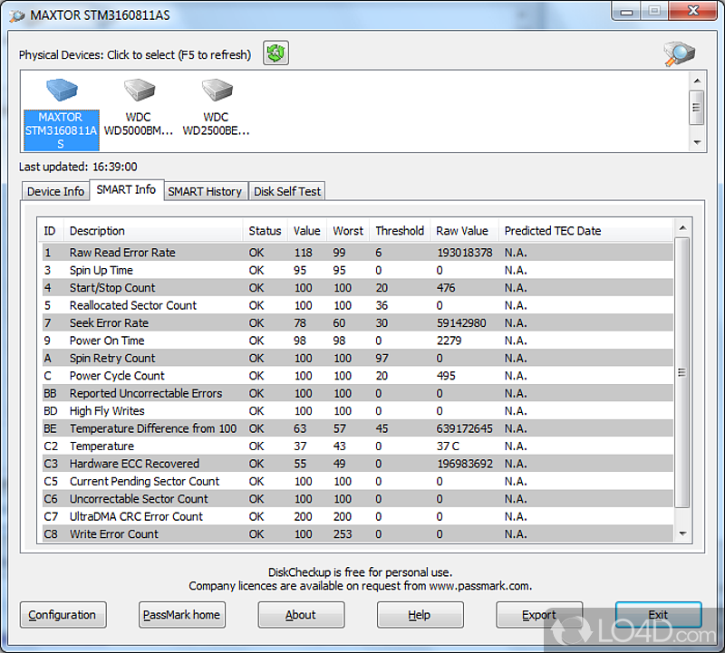 Monitor the hard drive for possible failures - Screenshot of DiskCheckup