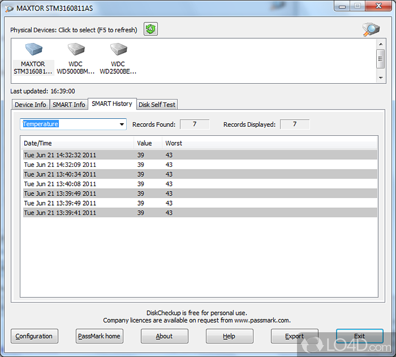 Monitor the SMART attributes of a particular hard disk drive - Screenshot of DiskCheckup