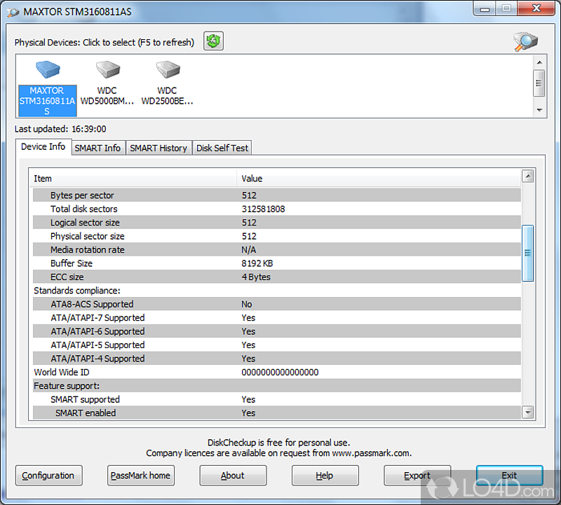 Keep a close eye on the SMART attributes of disk drives, runs various types of tests - Screenshot of DiskCheckup