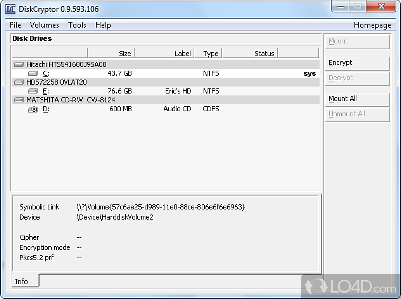 Provides an extensive set of options for protecting hard disks using encryption - Screenshot of DiskCryptor