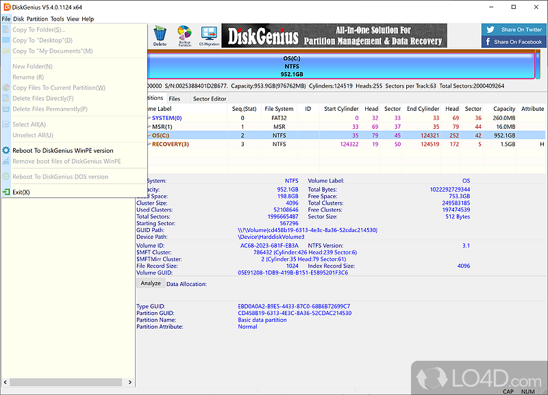 Manage partitions on your disks - Screenshot of DiskGenius PartitionGuru