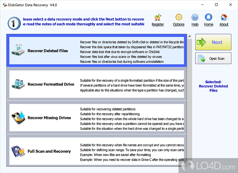 Serves to recover files deleted by accident, or hidden by various viruses or encryption software - Screenshot of DiskGetor Data Recovery Free