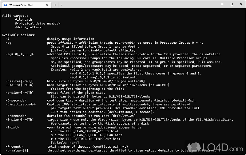 Piece of software that can help you run storage performance tests against files, partitions, physical disks - Screenshot of Diskspd