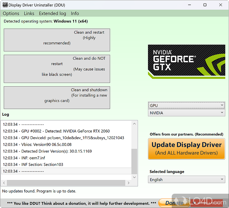 Quickly uninstalls NVIDIA, AMD and Intel display drivers in a matter of clicks, with support for saving program activity to file - Screenshot of Display Driver Uninstaller (DDU)