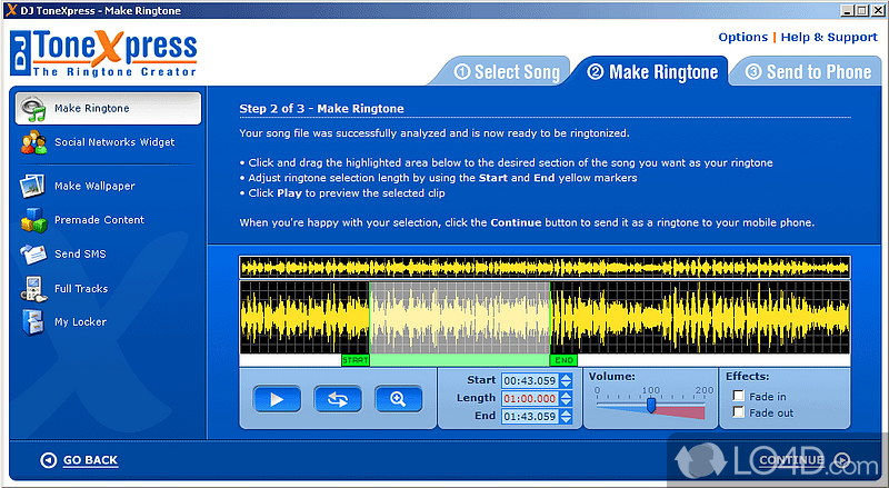 Create and send ringtones to phone using any music file from computer - Screenshot of DJ ToneXpress