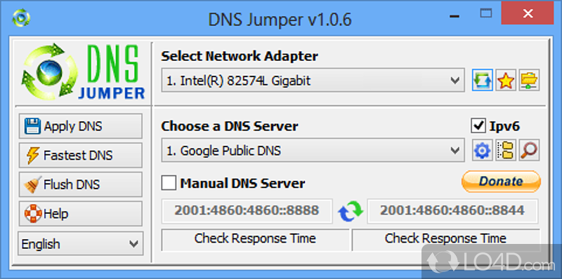 Choose between different DNS services, input the address of such a service - Screenshot of DNS Jumper