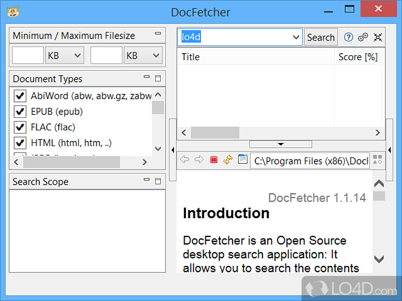 Search for specific text inside documents - Screenshot of DocFetcher