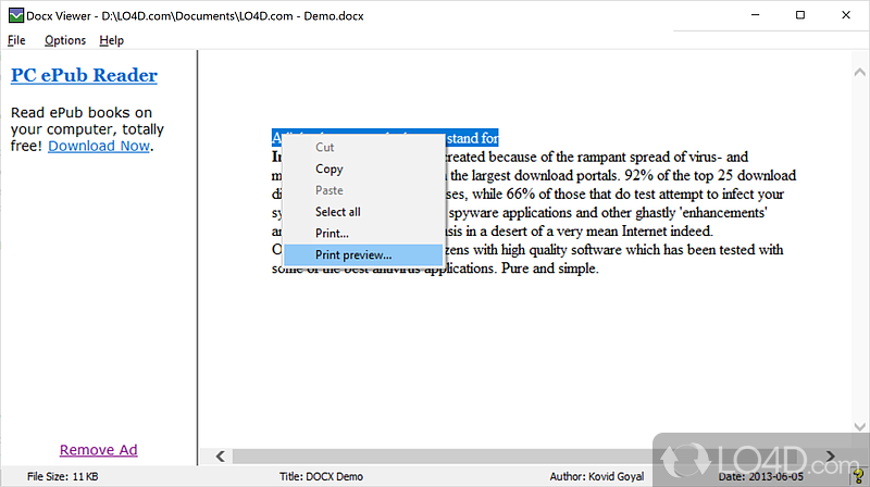 View or print any Microsoft Word document - Screenshot of DocX Viewer